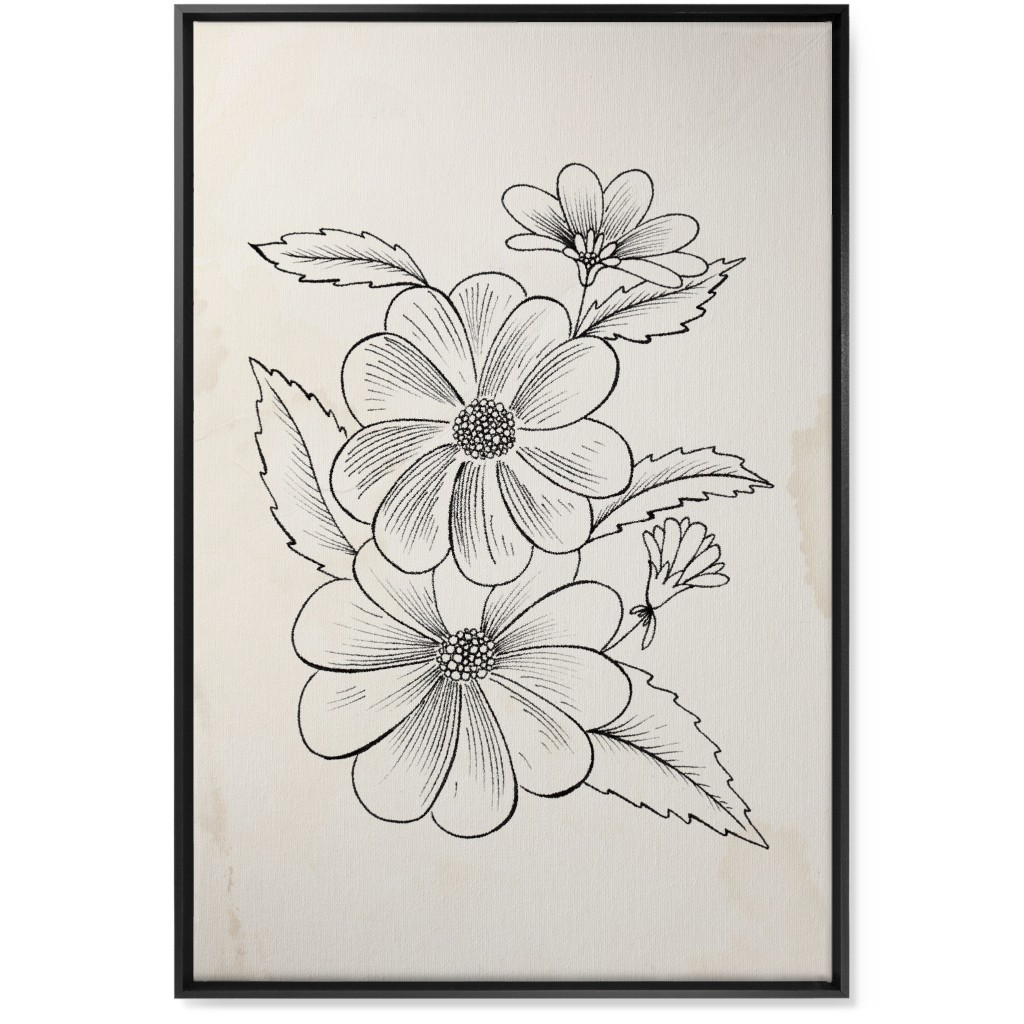 Vintage Flower Sketch - Beige and Black Wall Art, Black, Single piece, Canvas, 24x36, Beige, Pearl