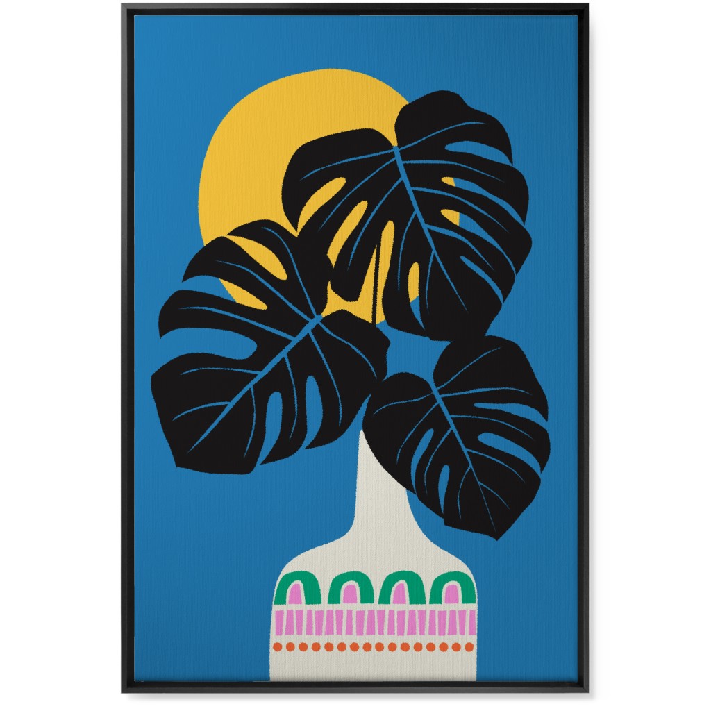 Monstera Leaves in a Vase - Blue Wall Art, Black, Single piece, Canvas, 24x36, Blue, True Blue