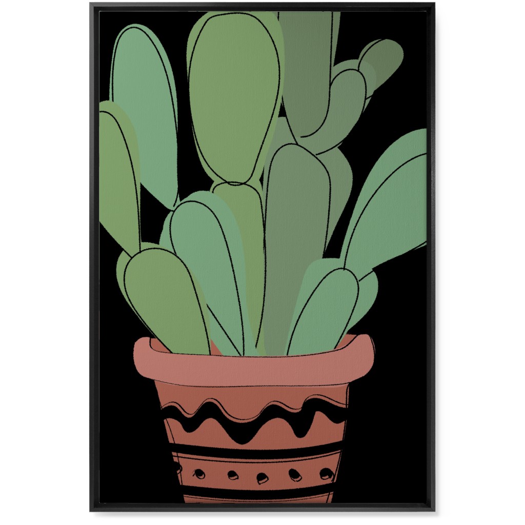 Potted Prickly Pear Cactus - Green and Black Wall Art, Black, Single piece, Canvas, 24x36, Green