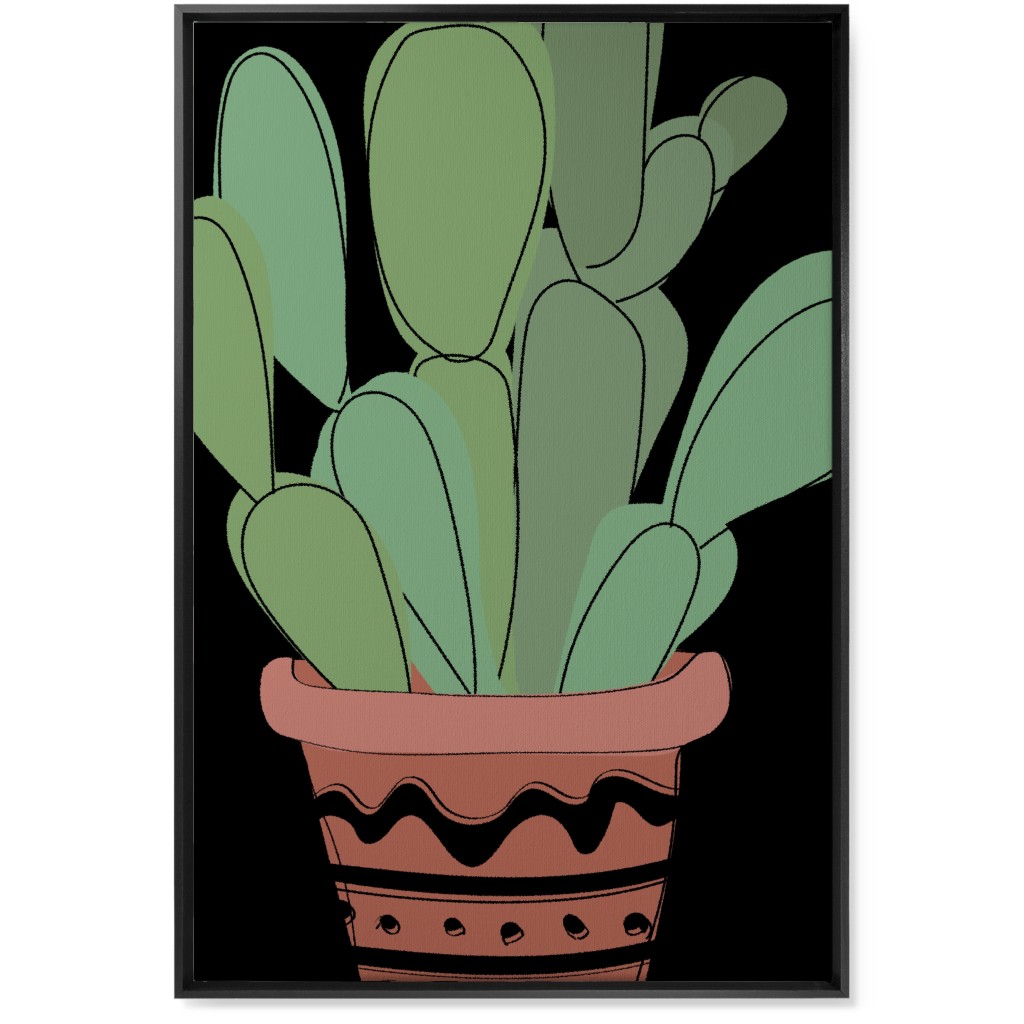 Potted Prickly Pear Cactus - Green and Black Wall Art, Black, Single piece, Canvas, 24x36, Green