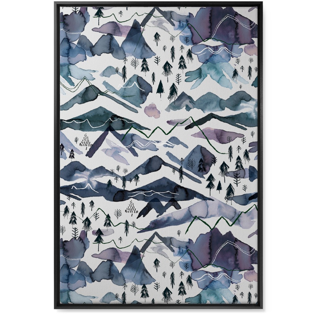 Watercolor Mountains - Blue on White Wall Art, Black, Single piece, Canvas, 24x36, Blue