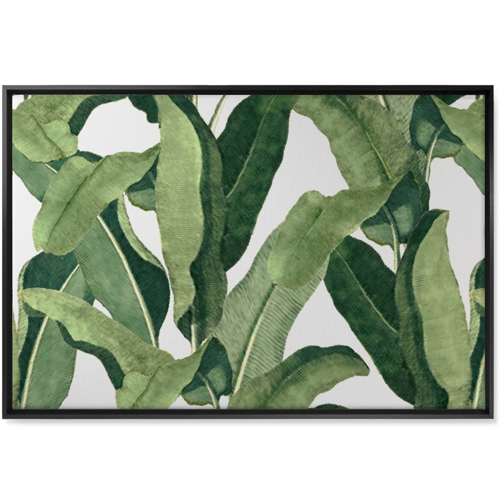 Tropical Leaves - Greens on White Wall Art, Black, Single piece, Canvas, 24x36, Green