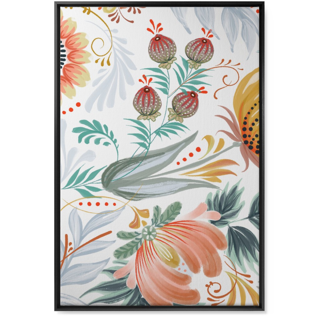 Folksy Floral - Multi on White Wall Art, Black, Single piece, Canvas, 24x36, Multicolor
