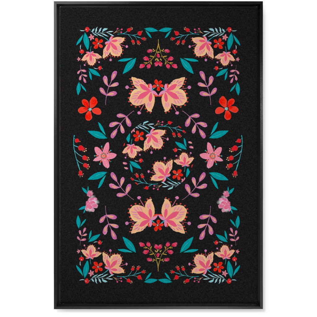 Pink Flora Folk Art on Black Wall Art, Black, Single piece, Canvas, 24x36, Multicolor