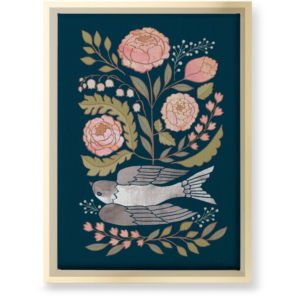 Bloom - Dove & Pink Peonies on Blue Wall Art, Gold, Single piece, Canvas, 10x14, Multicolor