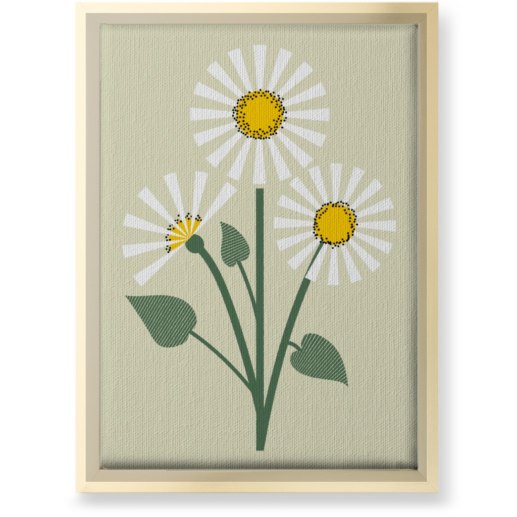 Abstract Daisy Flower - White on Beige Wall Art, Gold, Single piece, Canvas, 10x14, Green, Classic Green