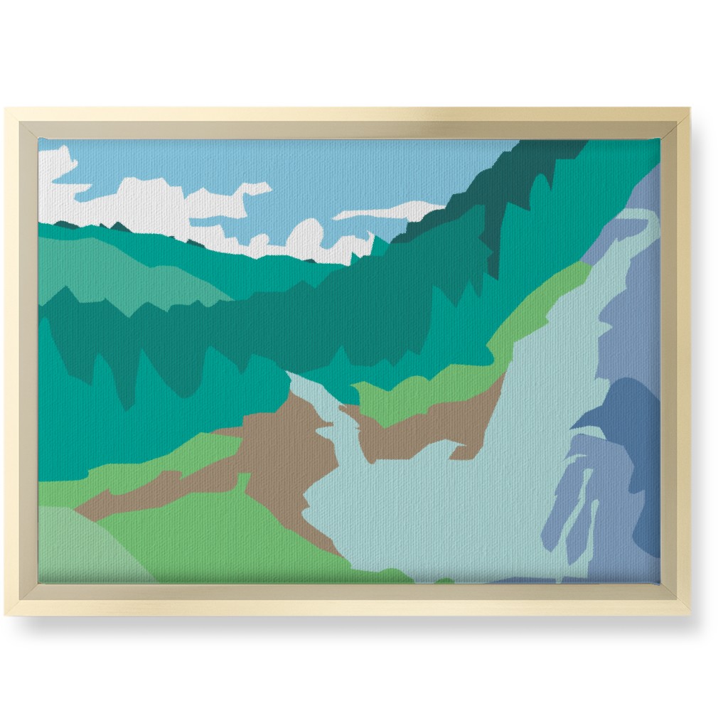 Minimalist Valley Forest Waterfall - Green and Blue Wall Art, Gold, Single piece, Canvas, 10x14, Green, Classic Green