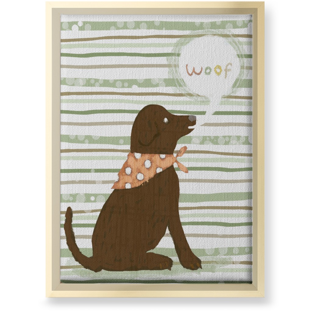 Woof, Dog - Brown and Green Wall Art, Gold, Single piece, Canvas, 10x14, Green, Classic Green