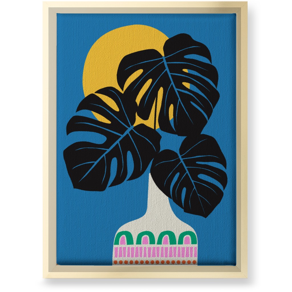 Monstera Leaves in a Vase - Blue Wall Art, Gold, Single piece, Canvas, 10x14, Blue