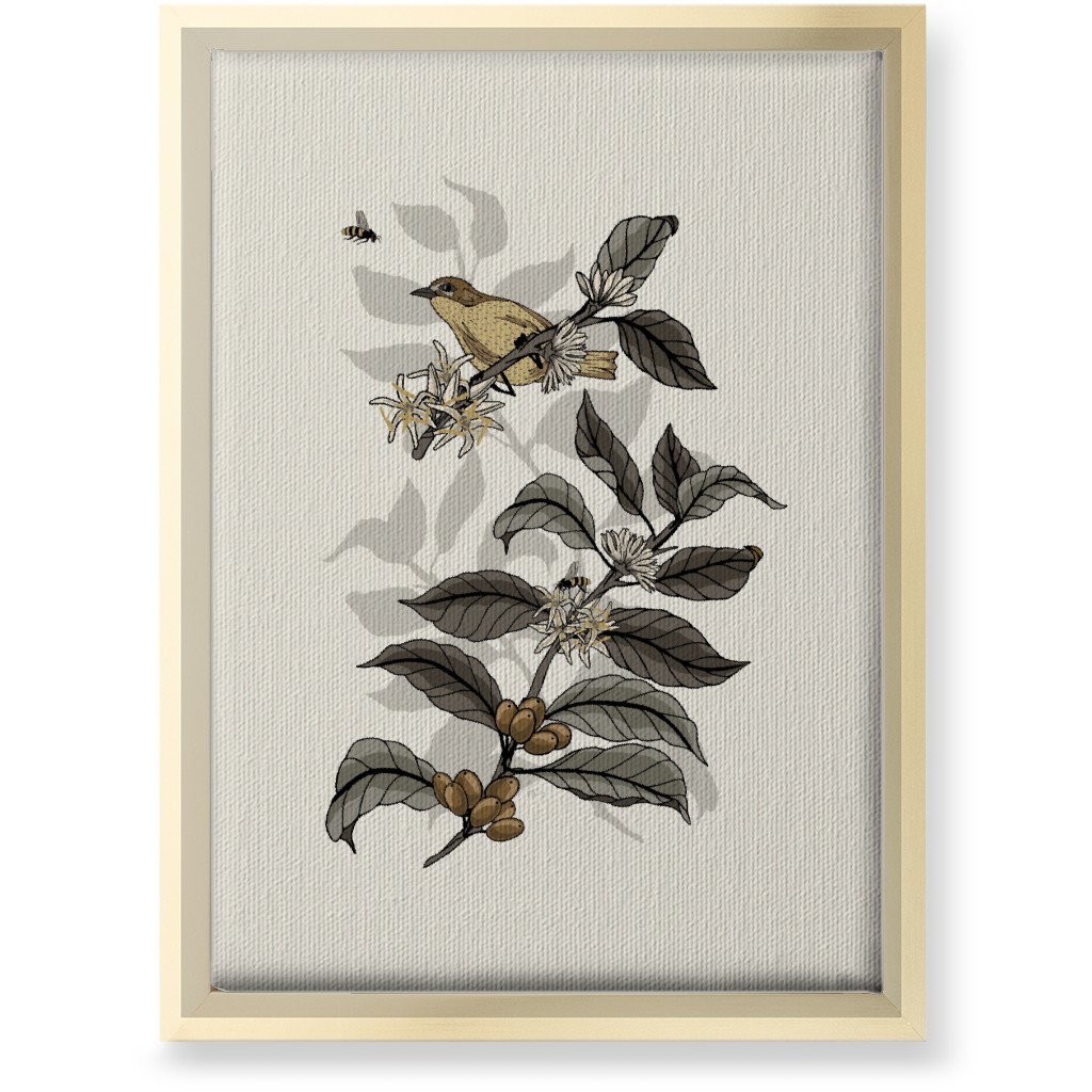 Coffee Plant, Bird, and Bee - Neutral Wall Art, Gold, Single piece, Canvas, 10x14, Beige