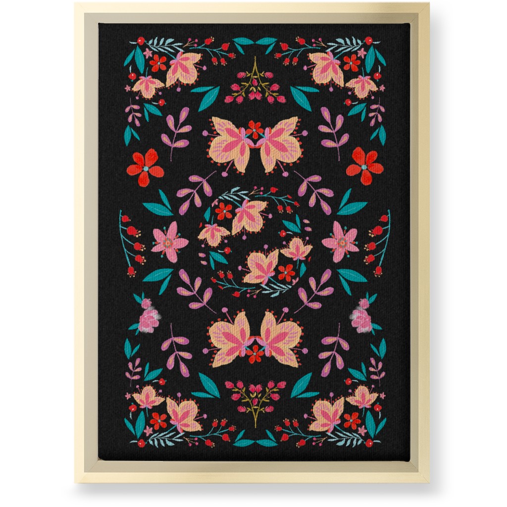 Pink Flora Folk Art on Black Wall Art, Gold, Single piece, Canvas, 10x14, Multicolor