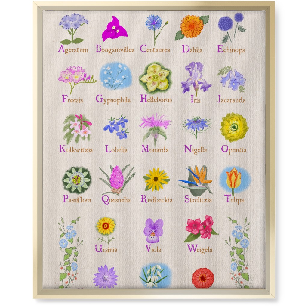 Floral Abcs - Multi on Pink Wall Art, Gold, Single piece, Canvas, 16x20, Multicolor