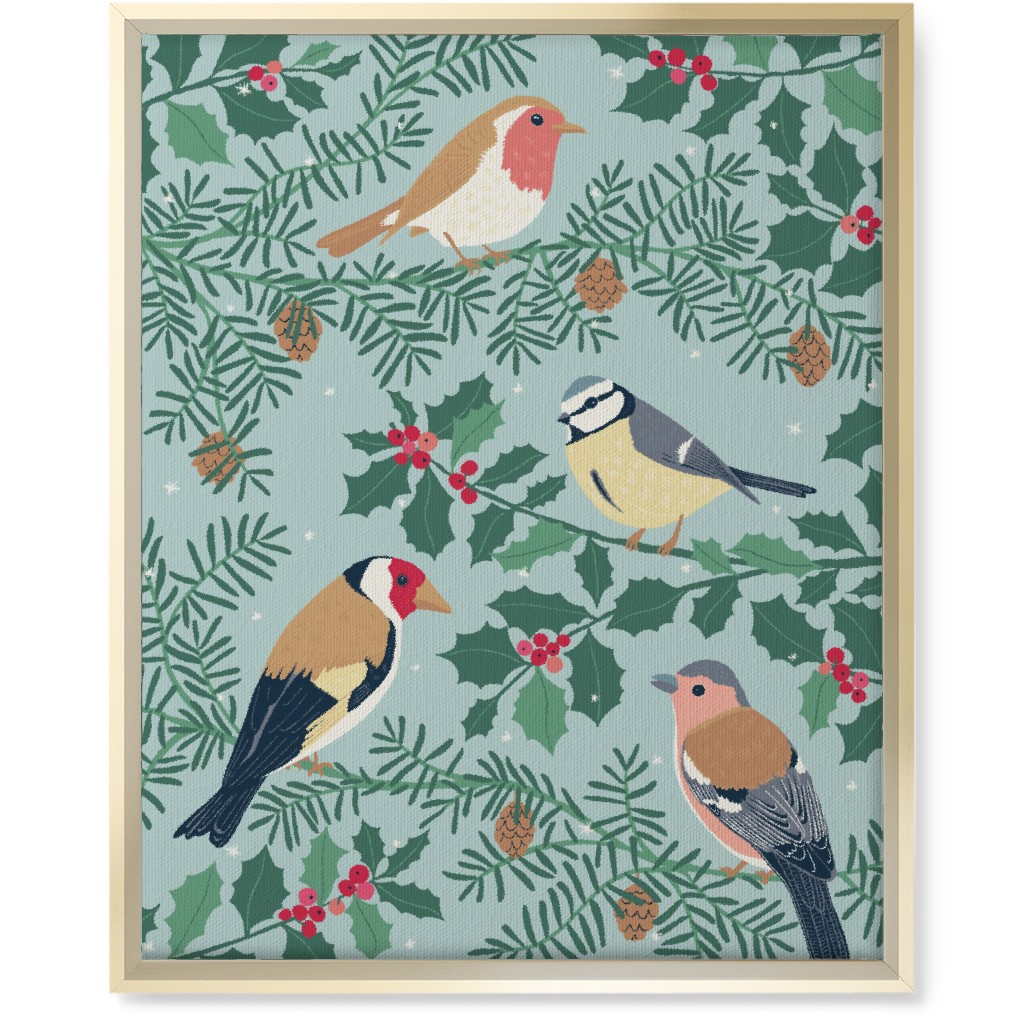 Robin & Friends, Winter Garden Birds - Blue Wall Art, Gold, Single piece, Canvas, 16x20, Blue