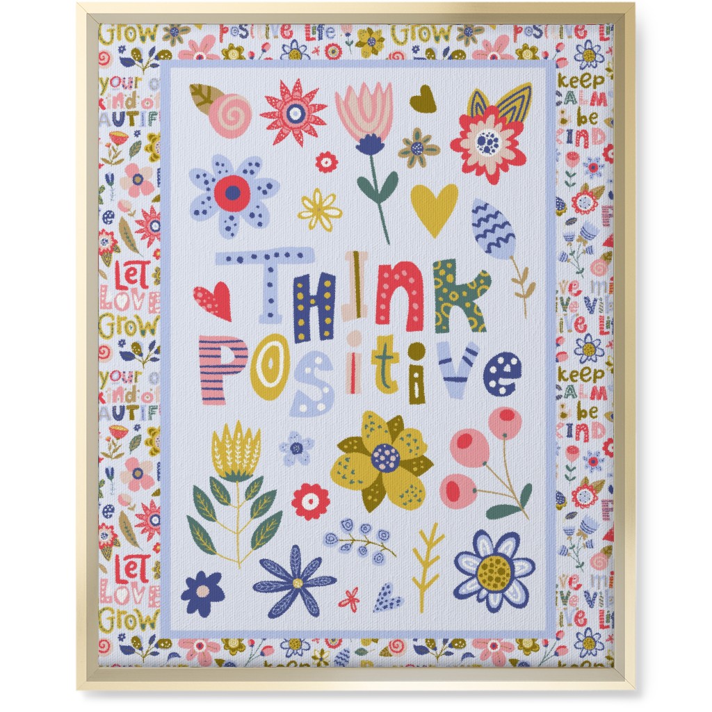 Think Positive Inspirational Floral Wall Art, Gold, Single piece, Canvas, 16x20, Multicolor