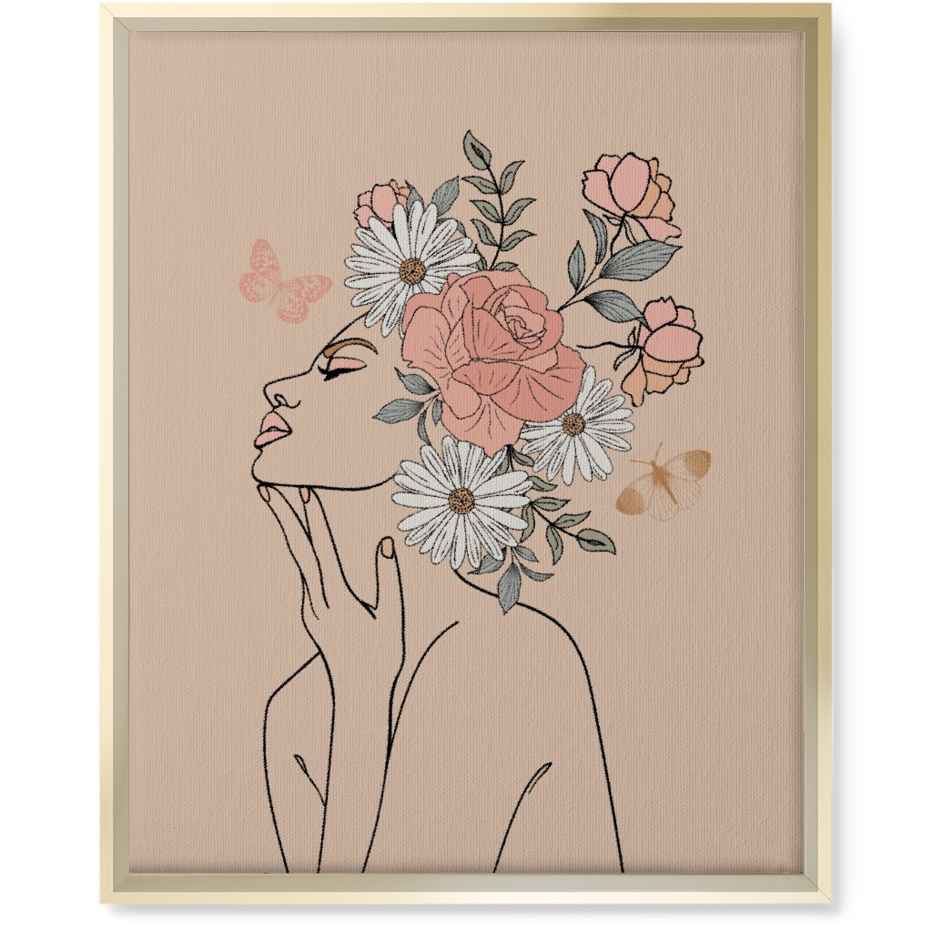 Feminine Line Art Botanical Sketch - Neutral Wall Art, Gold, Single piece, Canvas, 16x20, Beige