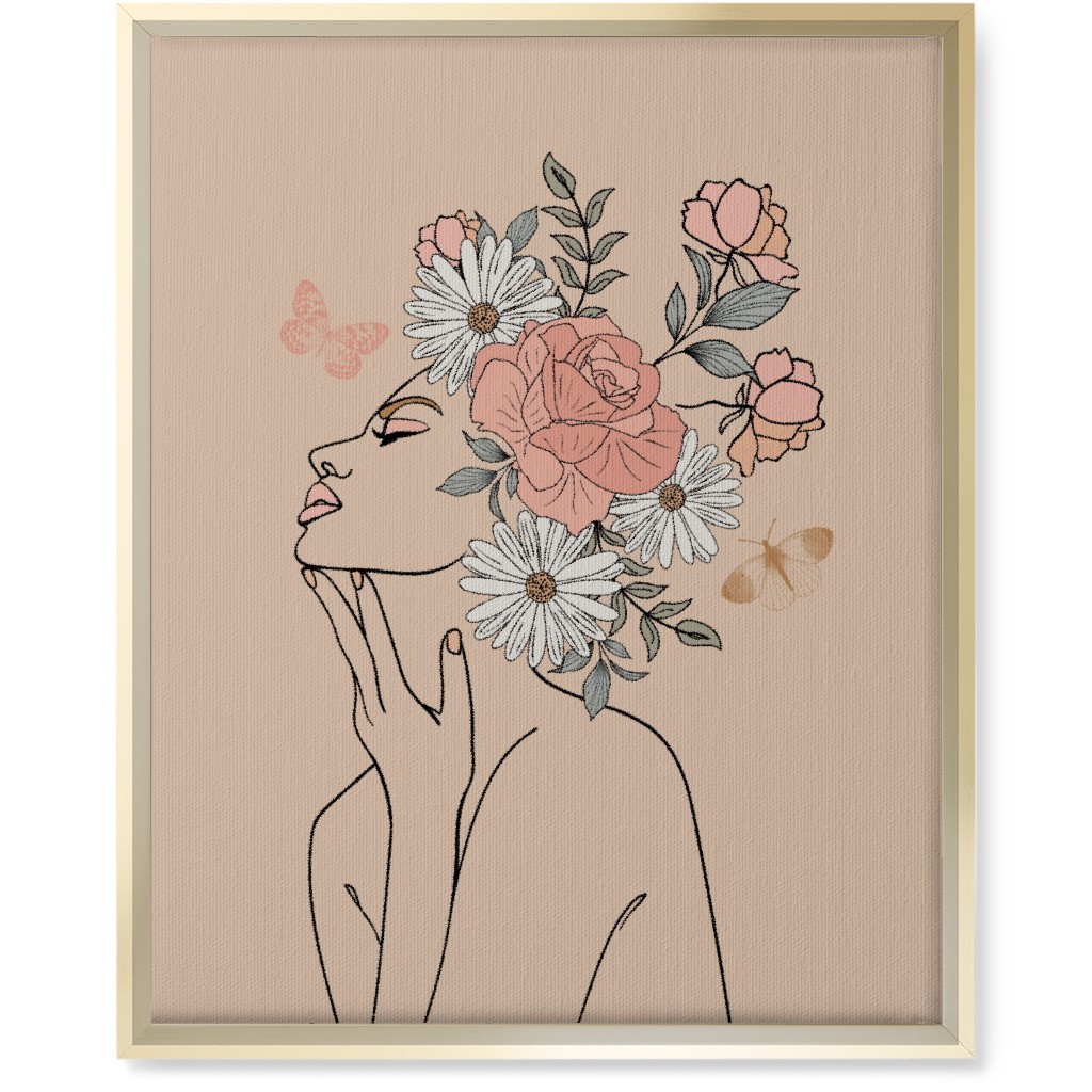 Feminine Line Art Botanical Sketch - Neutral Wall Art, Gold, Single piece, Canvas, 16x20, Beige, Pearl