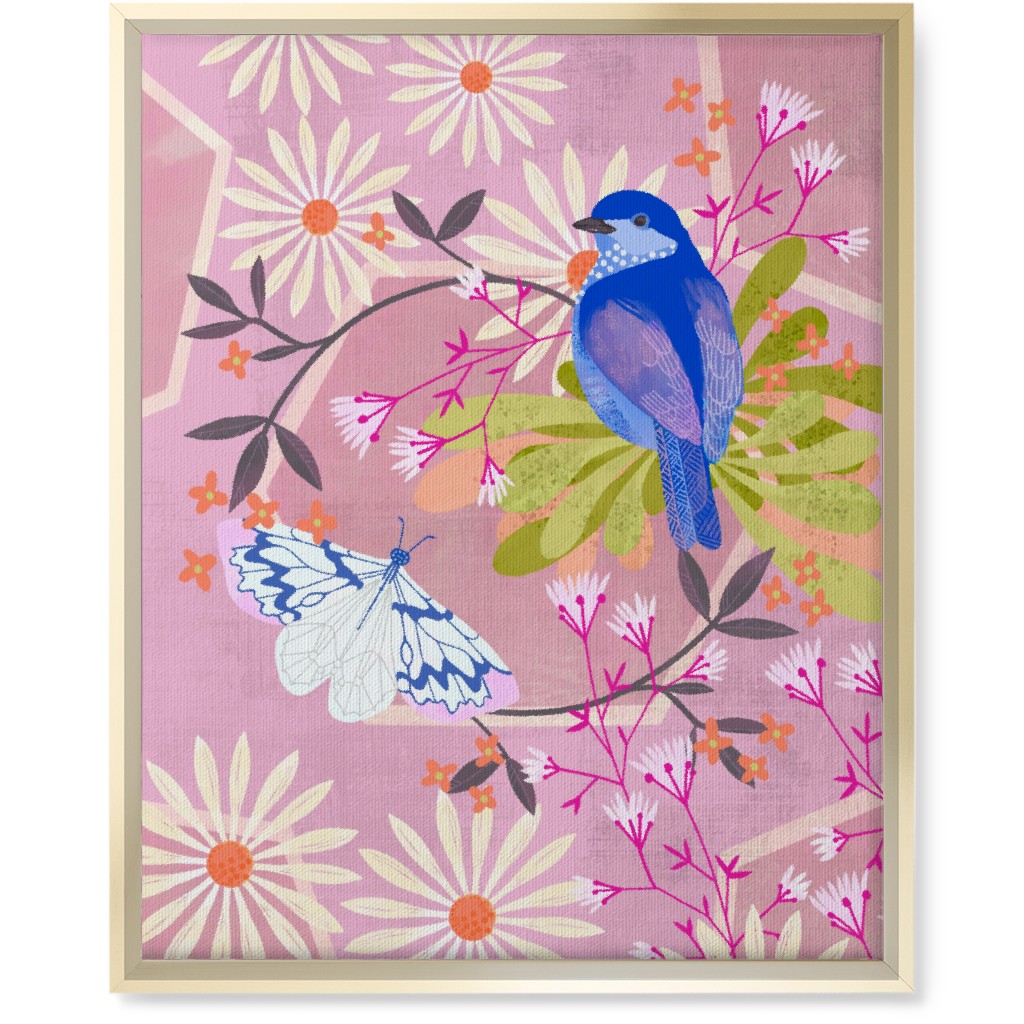 Birds and Butterfly - Pink Wall Art, Gold, Single piece, Canvas, 16x20, Pink, Bright Pink
