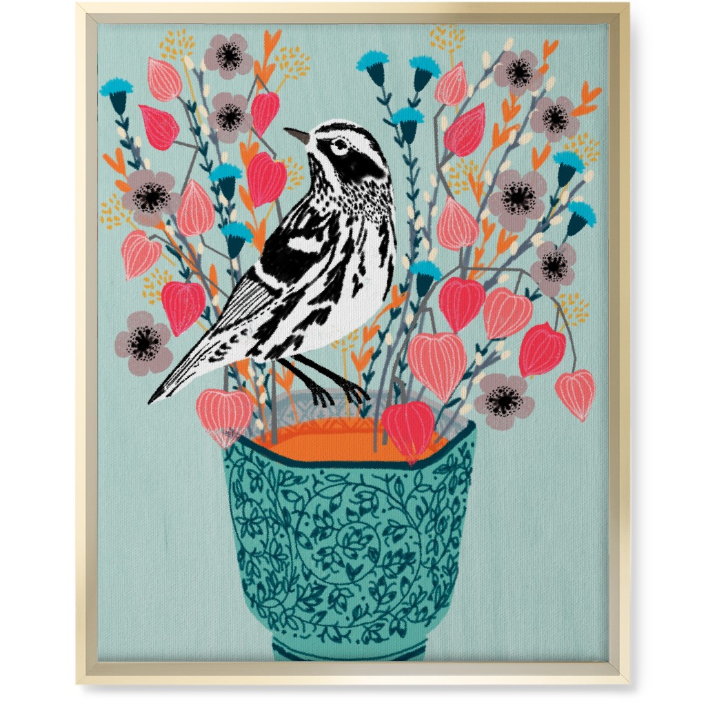 Warbler Bird - Black & White on Blue Flower Pot Wall Art, Gold, Single piece, Canvas, 16x20, Multicolor