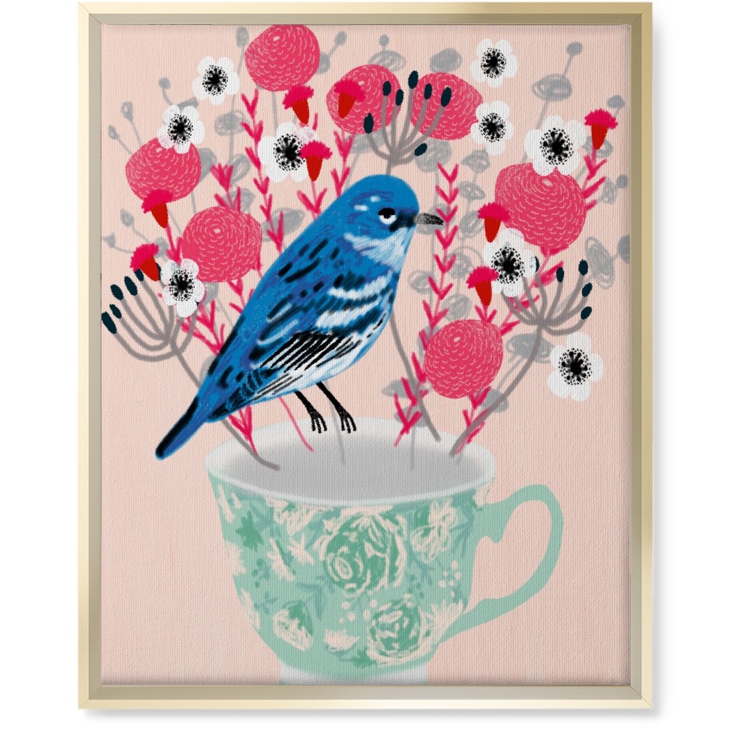 Blue Bird on Teacup Bouquet Wall Art, Gold, Single piece, Canvas, 16x20, Multicolor