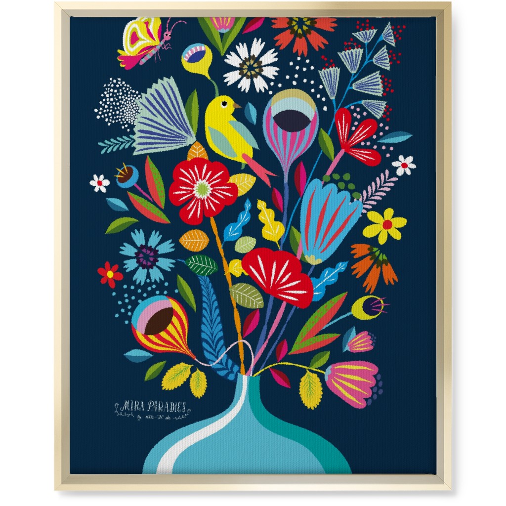Folk Art Bouquet - Multi on Navy Wall Art, Gold, Single piece, Canvas, 16x20, Multicolor