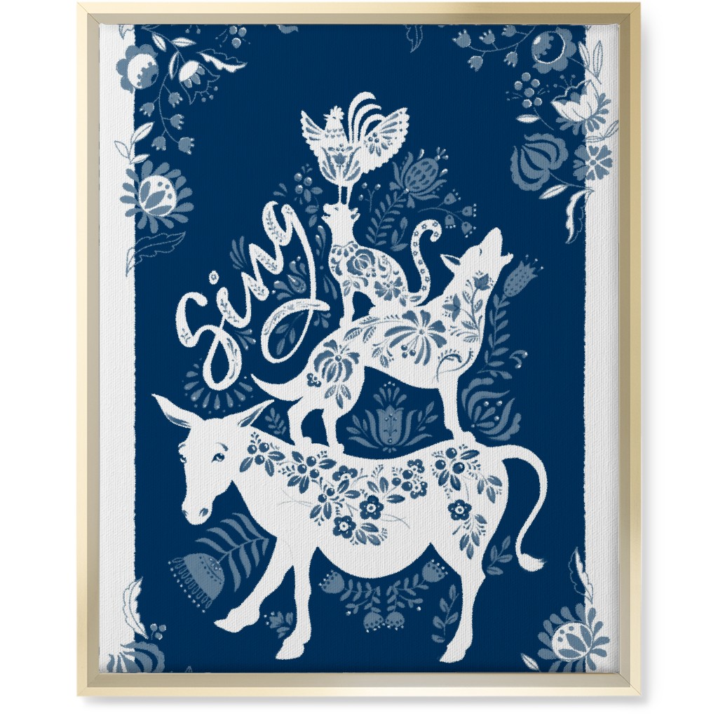 Musicians of Bremen Folkart - Blue Wall Art, Gold, Single piece, Canvas, 16x20, Blue, True Blue