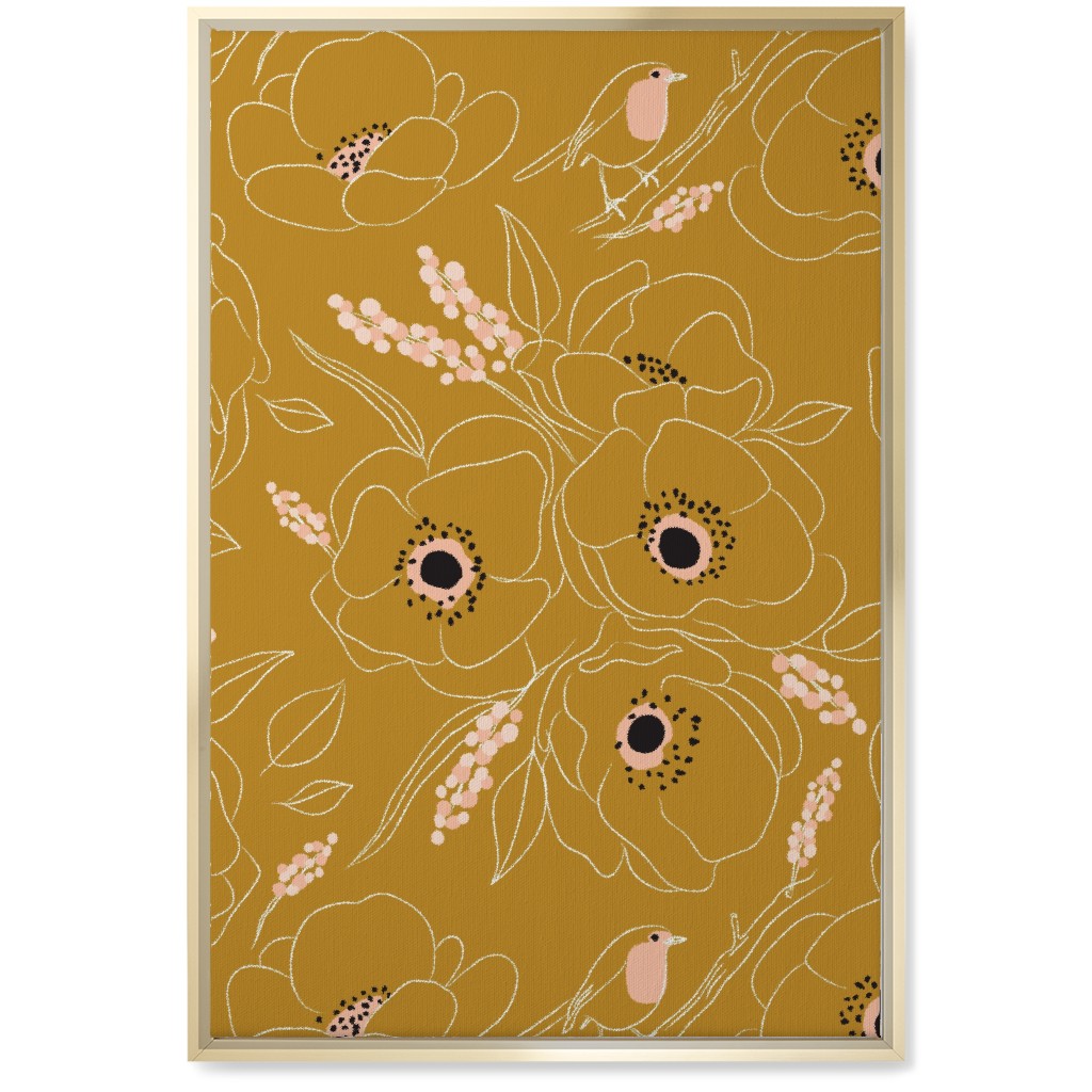 Freehand Robin & Winter Blooms - Gold Wall Art, Gold, Single piece, Canvas, 20x30, Yellow