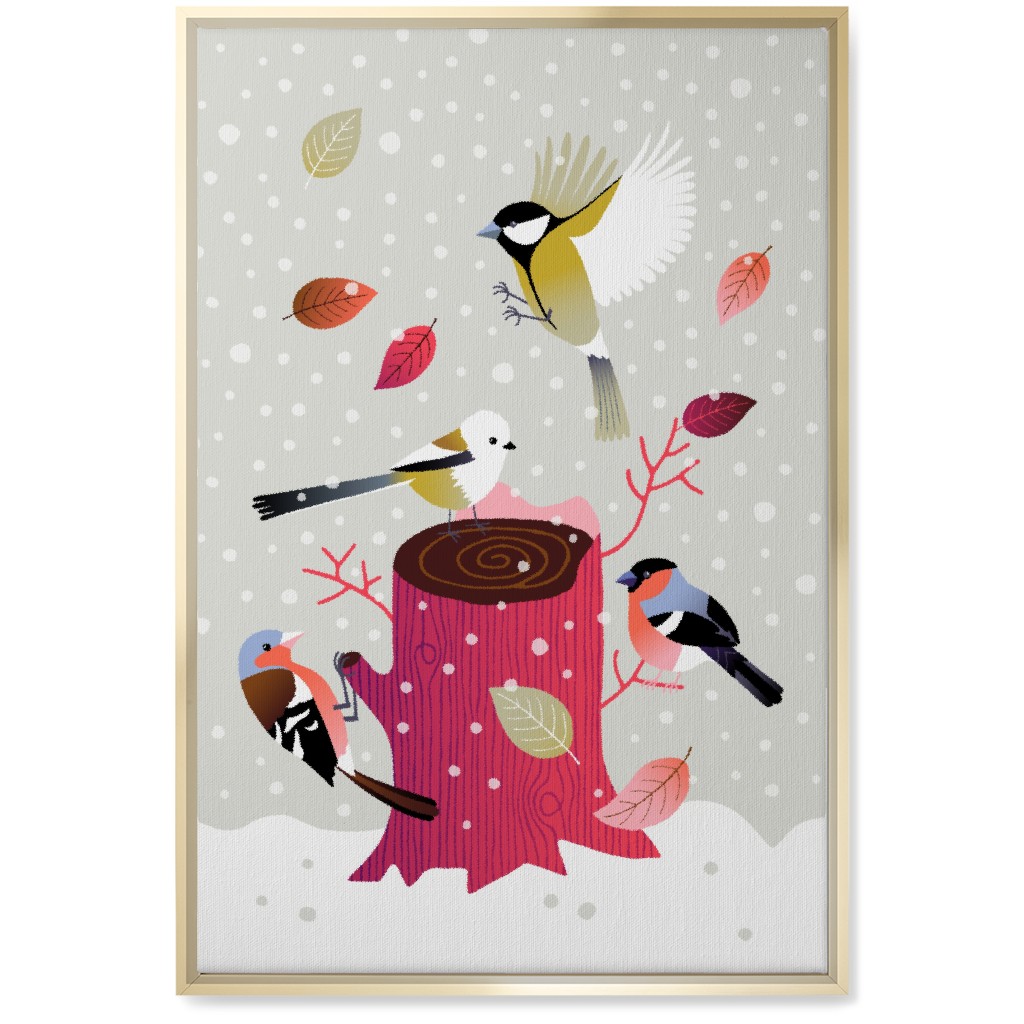 Winter Birds on Tree Stump - Red & Gray Wall Art, Gold, Single piece, Canvas, 20x30, Multicolor