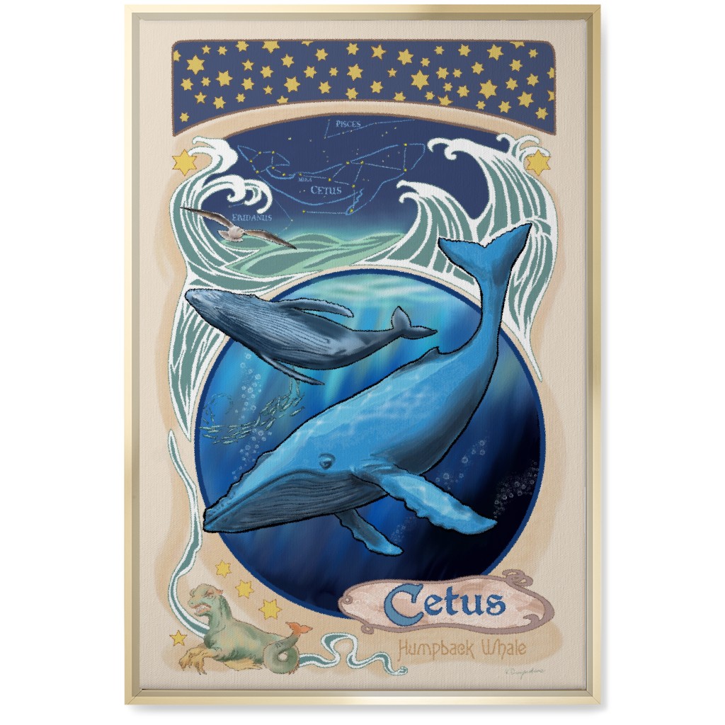 Art Nouveau Cetus the Humpback Whale Wall Art, Gold, Single piece, Canvas, 20x30, Blue, True Blue