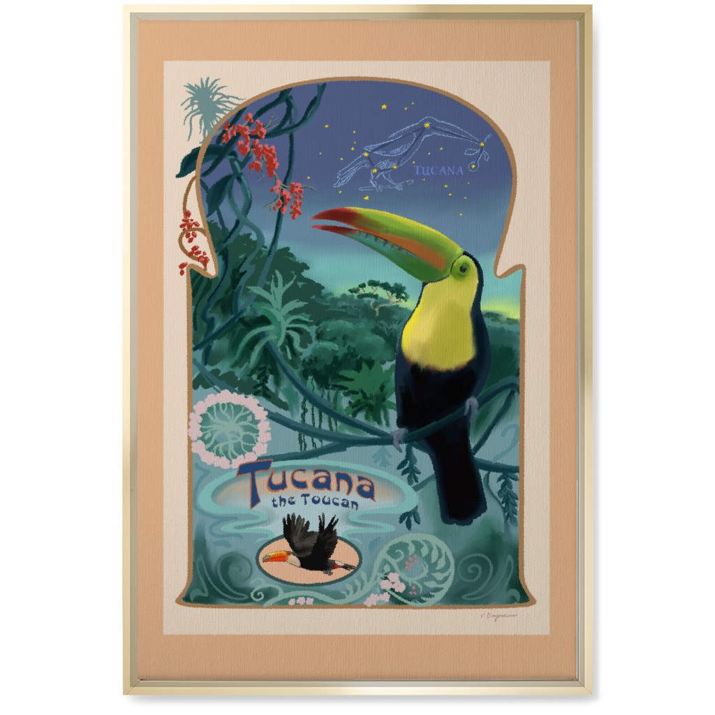 Art Nouveau Toucan Wall Art, Gold, Single piece, Canvas, 20x30, Multicolor
