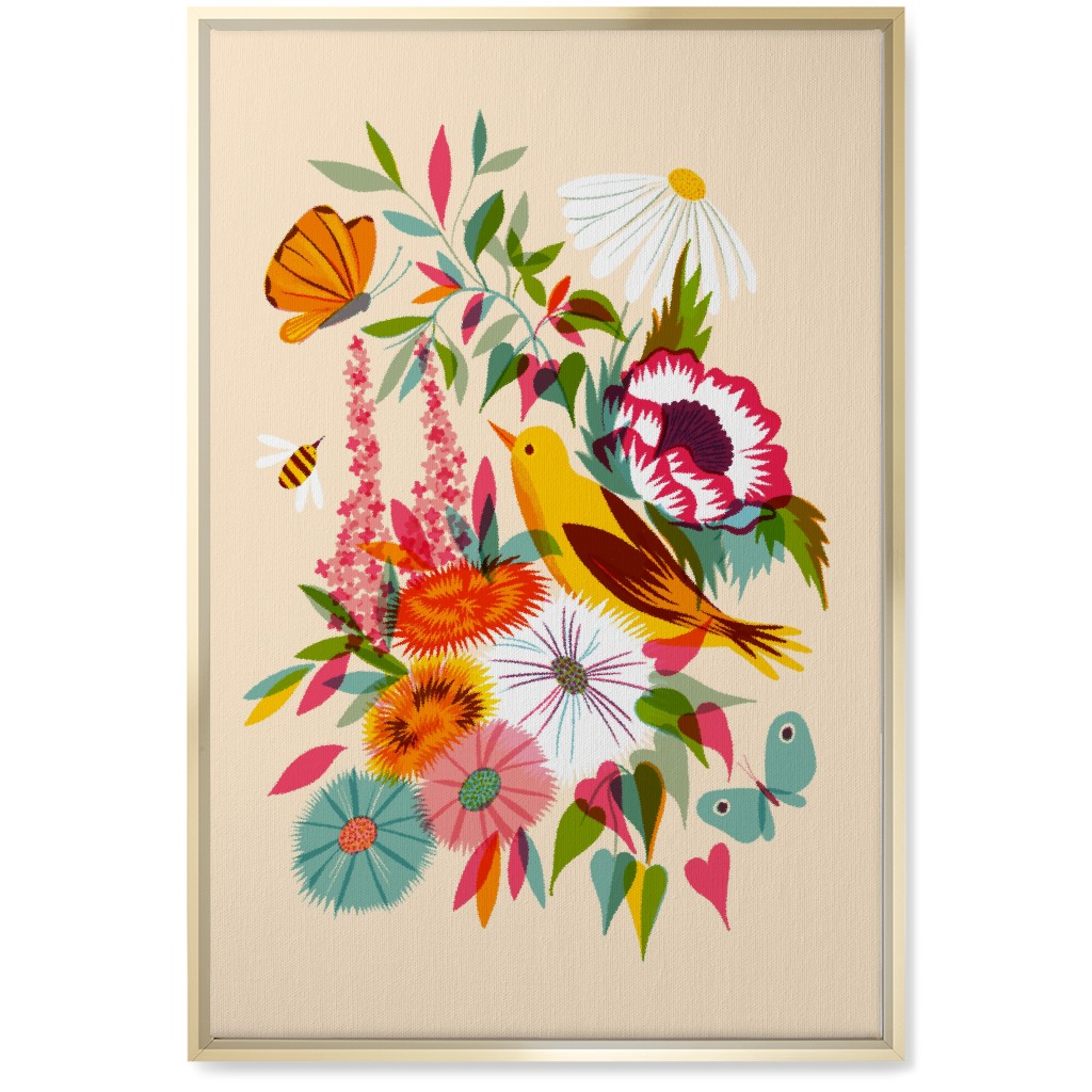 Florals With Pirol and Butterfly - Multi Wall Art, Gold, Single piece, Canvas, 20x30, Multicolor