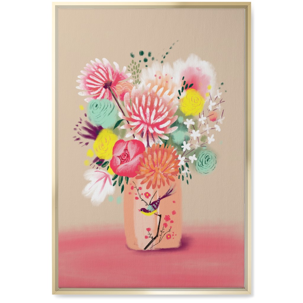 Bouquet in a Bird Vase Wall Art, Gold, Single piece, Canvas, 20x30, Pink
