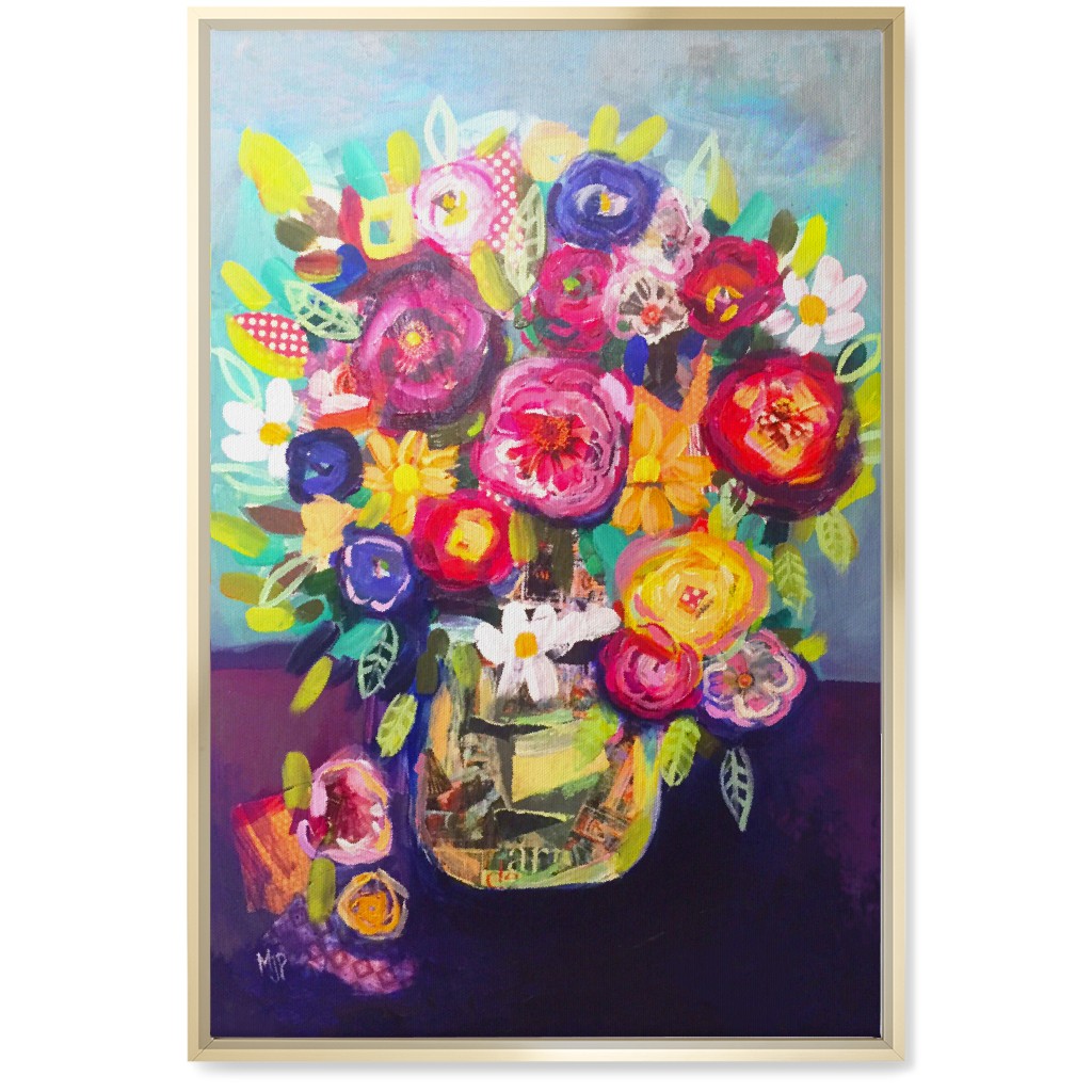 Acrylic Summer Floral Bouquet - Vibrant Wall Art, Gold, Single piece, Canvas, 20x30, Multicolor