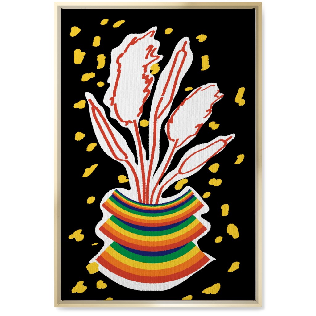 Retro Rainbow Abstract Floral in Vase - Multi on Black Wall Art, Gold, Single piece, Canvas, 20x30, Multicolor