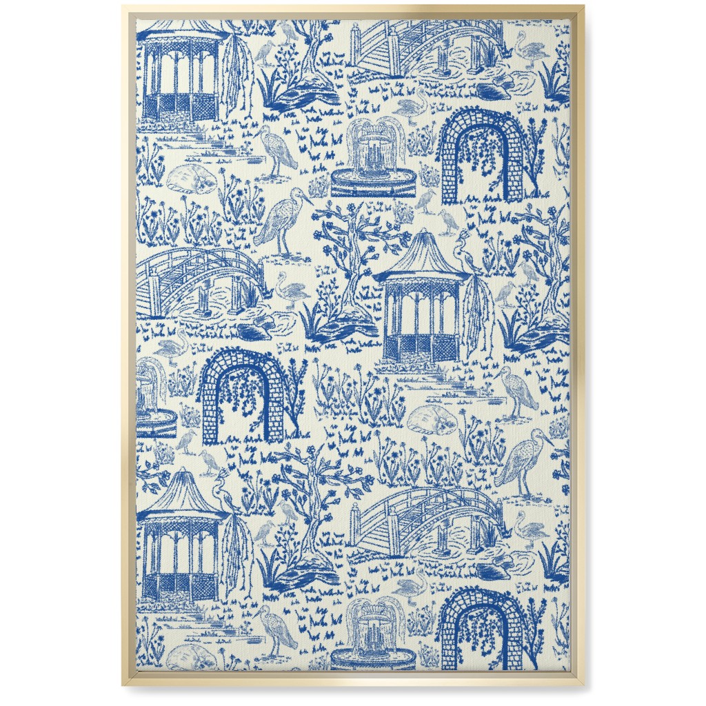 Garden Walk Toile De Jouy - Blue Wall Art, Gold, Single piece, Canvas, 20x30, Blue, True Blue