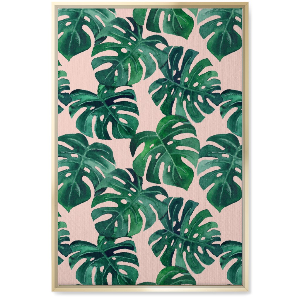 Watercolor Monstera Leaves Wall Art, Gold, Single piece, Canvas, 20x30, Green