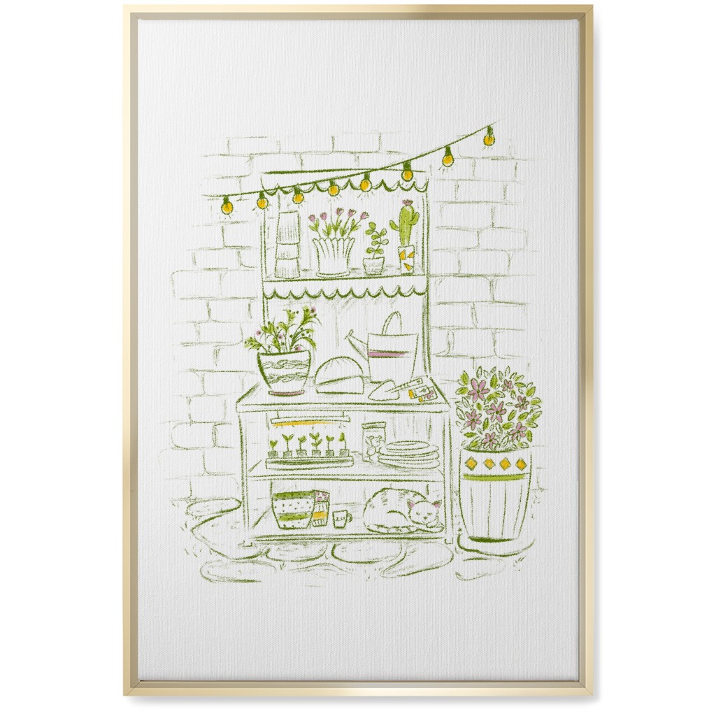 the Cat Nap Potting Stand - Green Wall Art, Gold, Single piece, Canvas, 20x30, Green, Classic Green