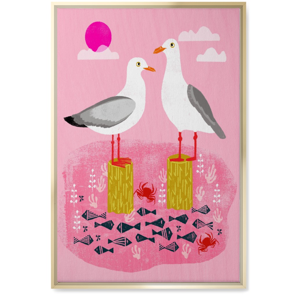 Perched Seagulls - Pink Wall Art, Gold, Single piece, Canvas, 20x30, Pink