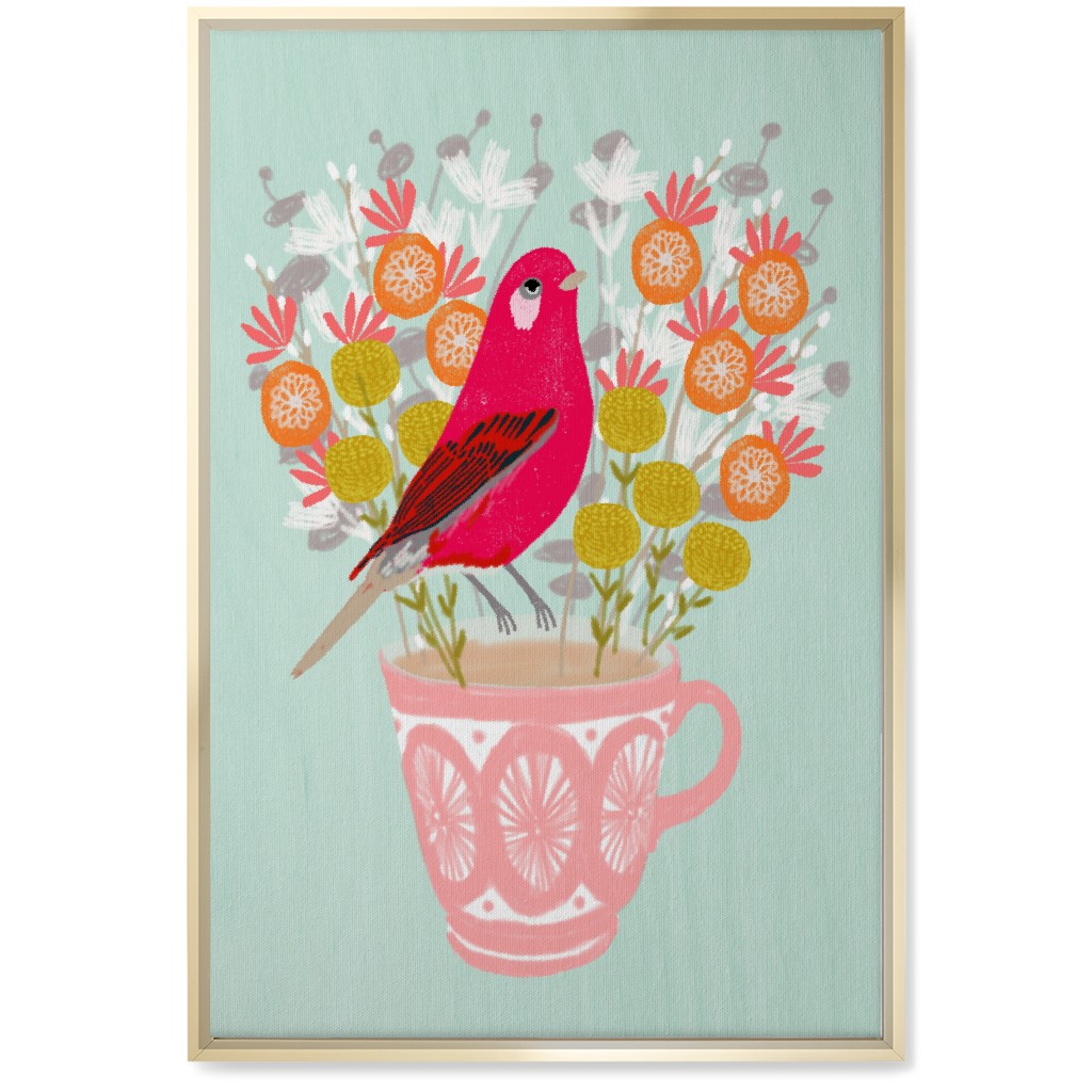Red Bird on Teacup Bouquet Wall Art, Gold, Single piece, Canvas, 20x30, Multicolor