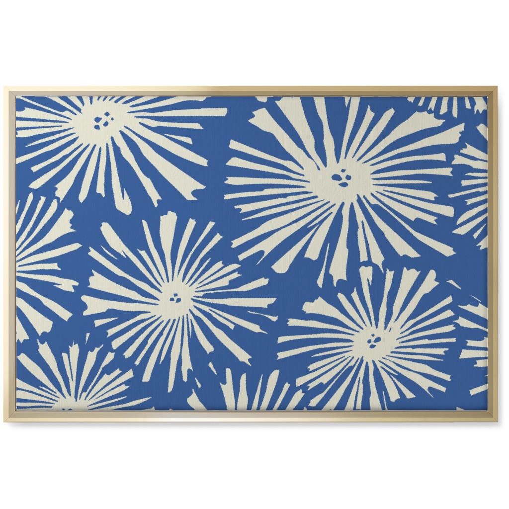 Cactus Blooms - Cream on Blue Wall Art, Gold, Single piece, Canvas, 20x30, Blue