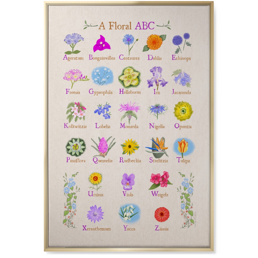 Floral Abcs - Multi on Pink Wall Art, Gold, Single piece, Canvas, 24x36, Multicolor