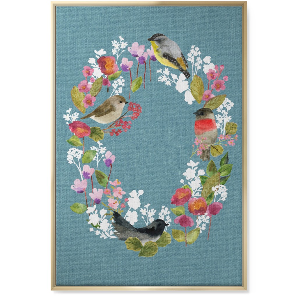 Winter Birds in the Garden Wreath - Blue Wall Art, Gold, Single piece, Canvas, 24x36, Blue, True Blue
