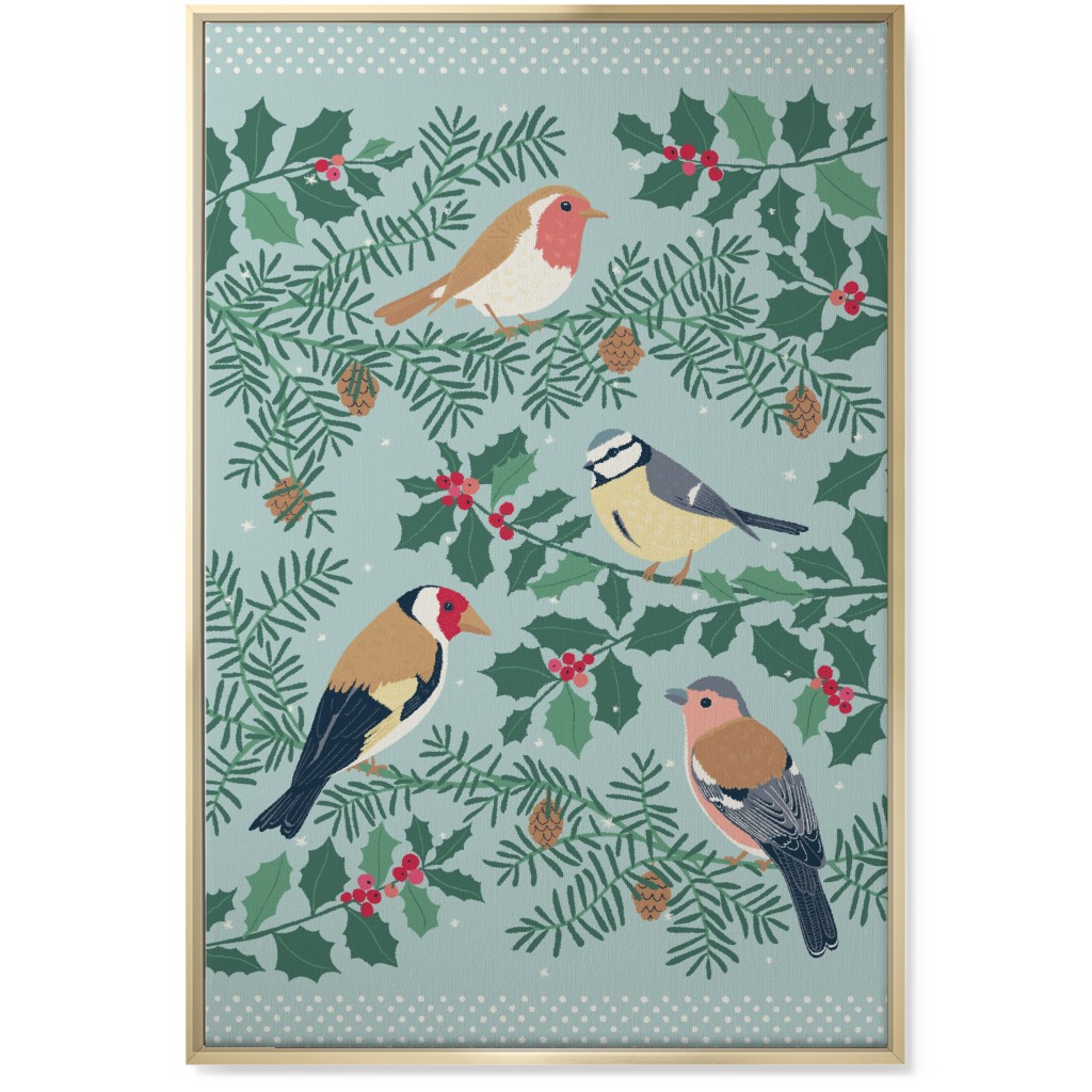 Robin & Friends, Winter Garden Birds - Blue Wall Art, Gold, Single piece, Canvas, 24x36, Blue