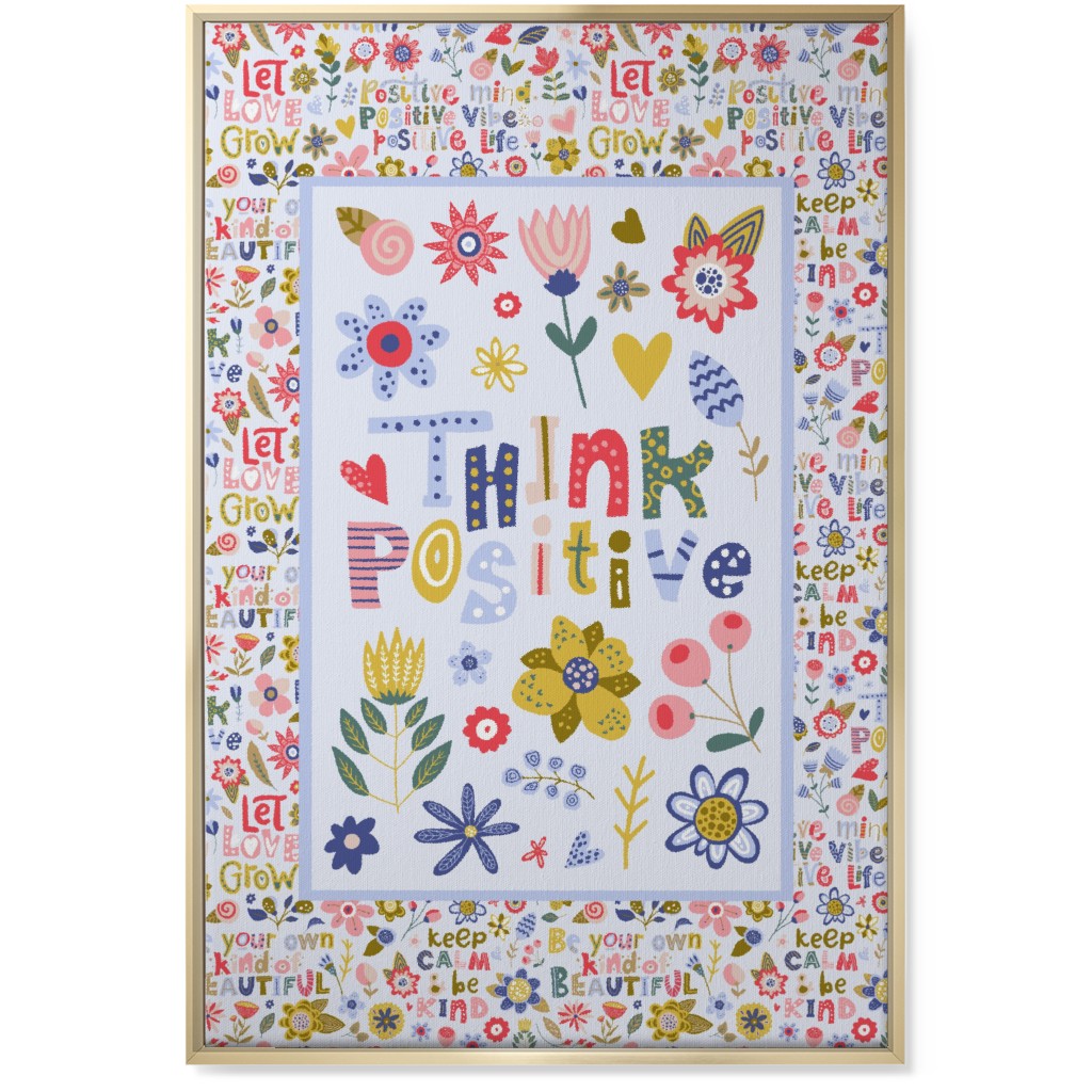 Think Positive Inspirational Floral Wall Art, Gold, Single piece, Canvas, 24x36, Multicolor