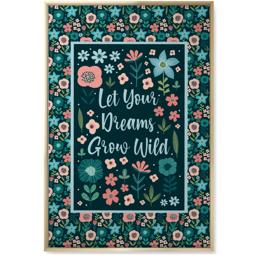 Let Your Dreams Grow Wild - Florals in Coral, Aqua & Turquoise on Navy Wall Art, Gold, Single piece, Canvas, 24x36, Blue, True Blue