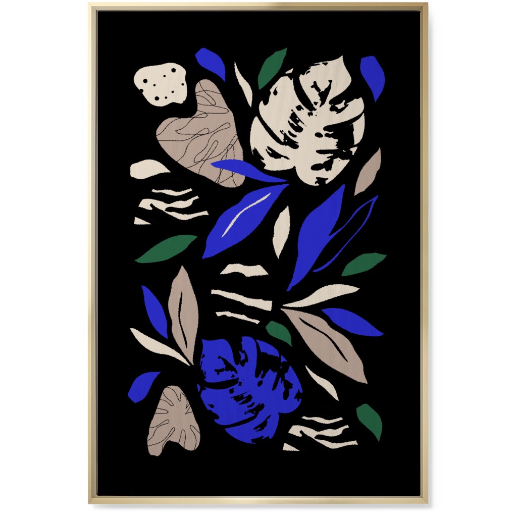 Abstract Leaves - Blue & Tan on Navy Wall Art, Gold, Single piece, Canvas, 24x36, Blue