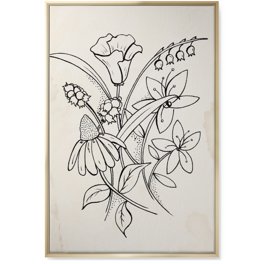 Vintage Wildflower Sketch - Beige and Black Wall Art, Gold, Single piece, Canvas, 24x36, Beige