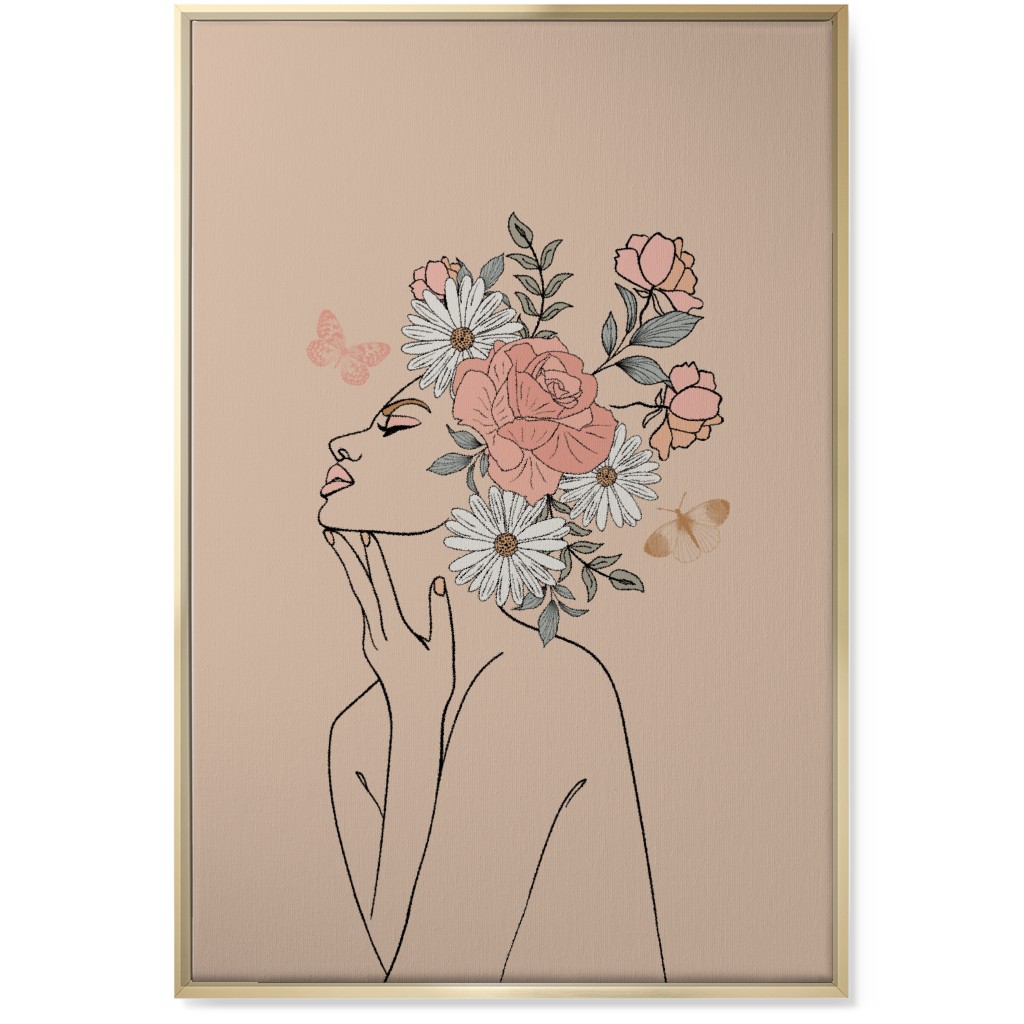 Feminine Line Art Botanical Sketch - Neutral Wall Art, Gold, Single piece, Canvas, 24x36, Beige