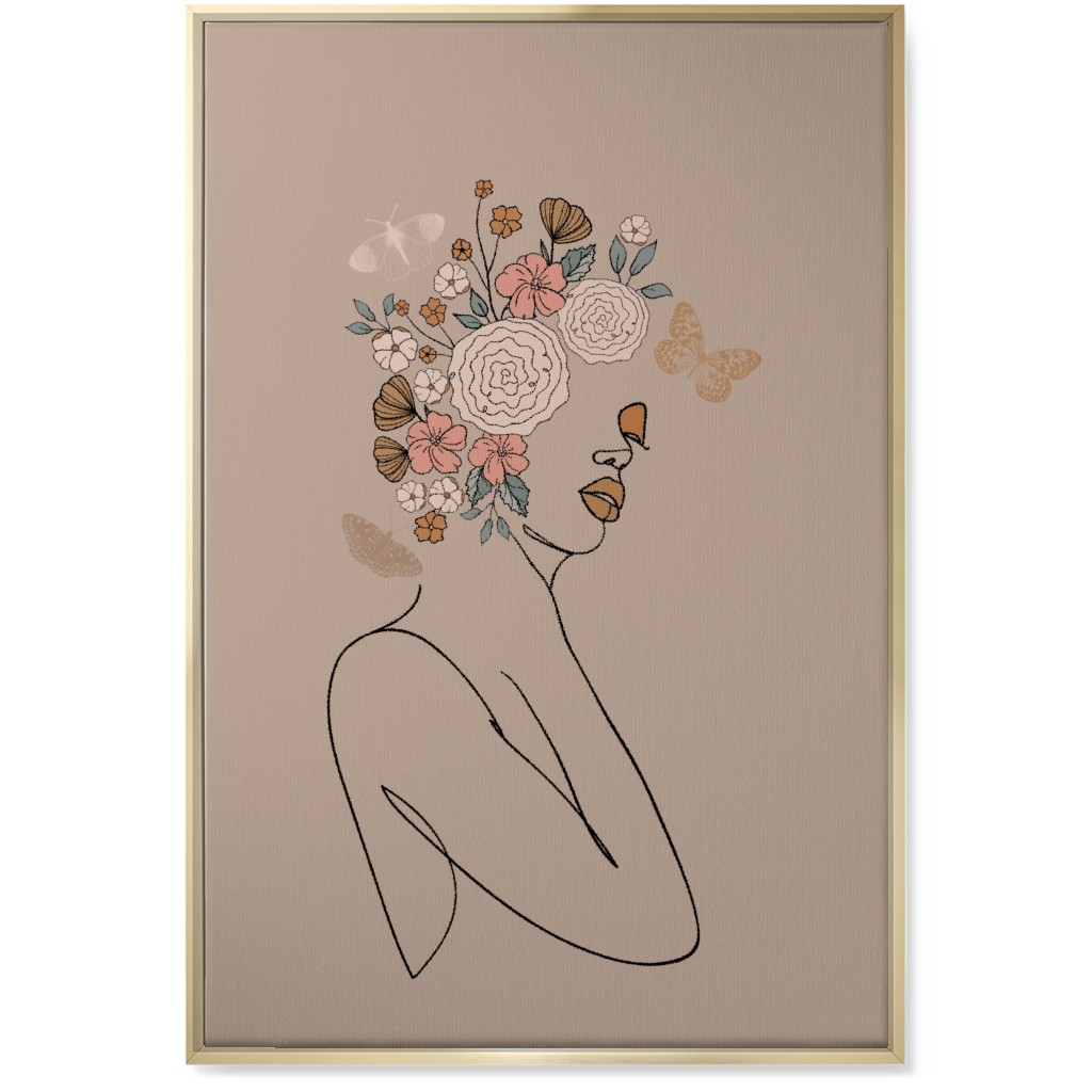 Botanical Feminine Sketch - Neutral Wall Art, Gold, Single piece, Canvas, 24x36, Beige, Pearl