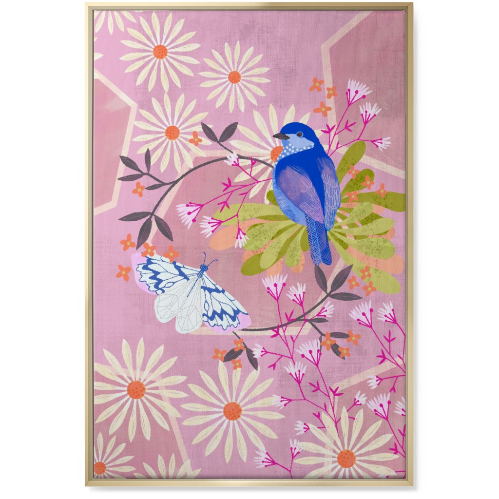 Birds and Butterfly - Pink Wall Art, Gold, Single piece, Canvas, 24x36, Pink, Bright Pink