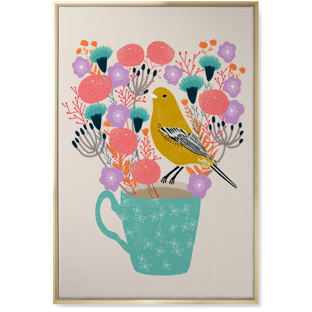Yellow Bird on Teacup Bouquet Wall Art, Gold, Single piece, Canvas, 24x36, Multicolor